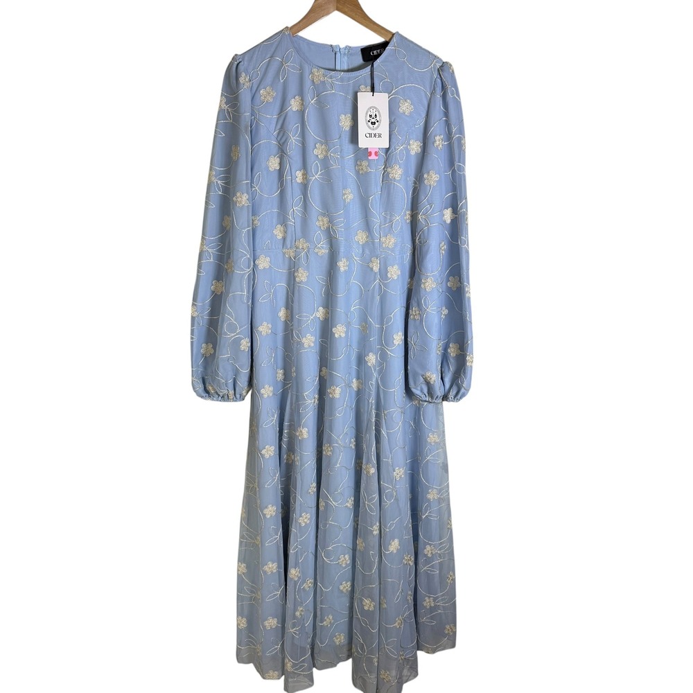 Cider Maxi Dress Women XL Blue New Floral Embroidered Mesh Long Sleeve Romantic